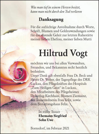 Traueranzeige von Hiltrud Vogt von lausitzer_rundschau