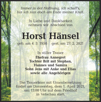 Traueranzeige von Horst Hänsel von lausitzer_rundschau