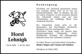 Traueranzeige von Horst Lehnigk von lausitzer_rundschau
