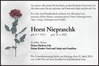 Traueranzeige von Horst Niepraschk von lausitzer_rundschau