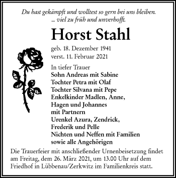 Traueranzeige von Horst Stahl von lausitzer_rundschau