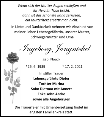 Traueranzeige von Ingeborg Jungnickel von lausitzer_rundschau