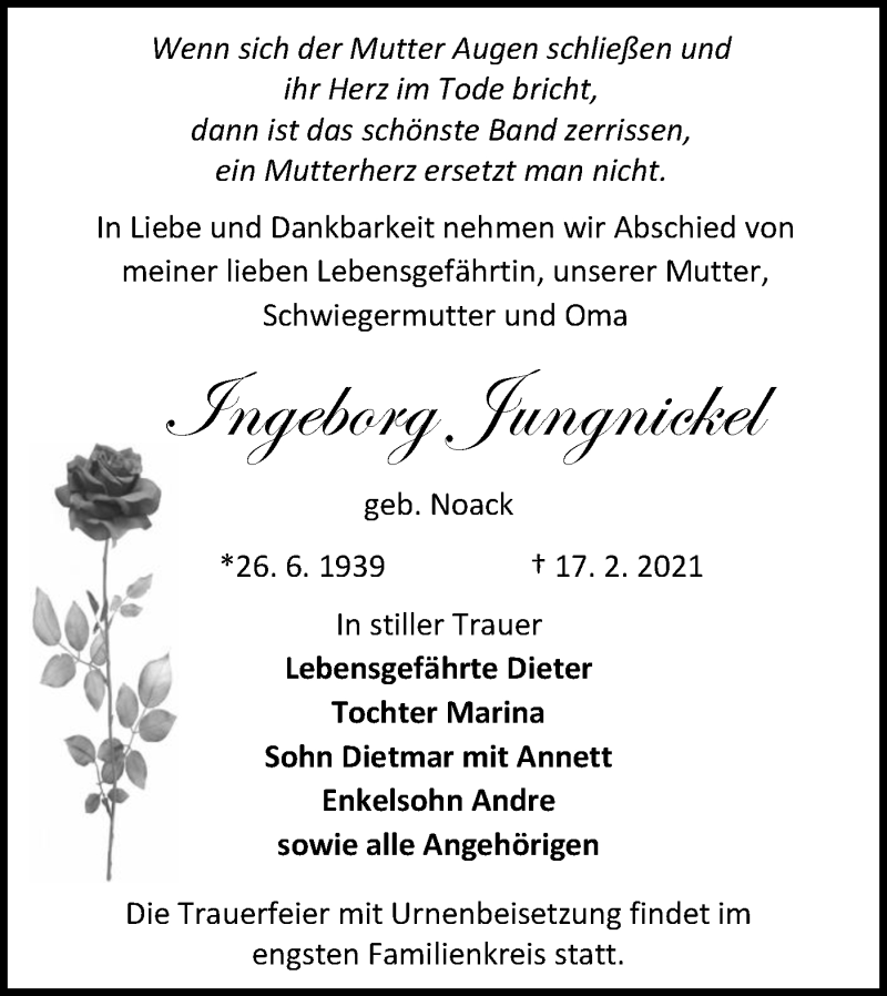  Traueranzeige für Ingeborg Jungnickel vom 06.03.2021 aus lausitzer_rundschau