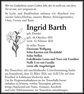 Traueranzeige von Ingrid Barth von lausitzer_rundschau