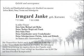 Traueranzeige von Irmgard Janke von lausitzer_rundschau