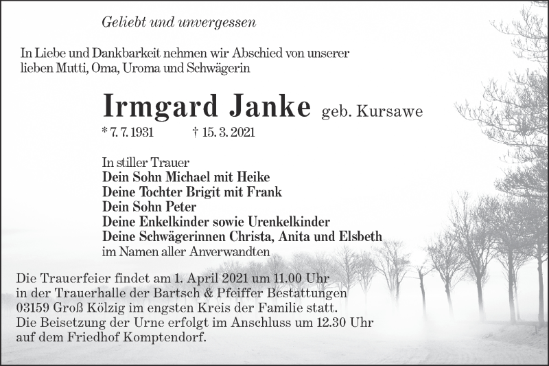  Traueranzeige für Irmgard Janke vom 27.03.2021 aus lausitzer_rundschau