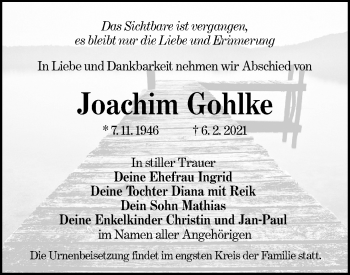 Traueranzeige von Joachim Gohlke von lausitzer_rundschau