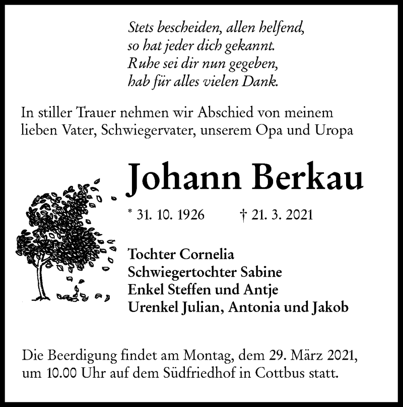  Traueranzeige für Johann Berkau vom 27.03.2021 aus lausitzer_rundschau