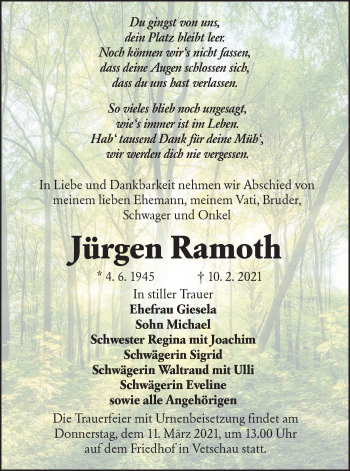 Traueranzeige von Jürgen Ramoth von lausitzer_rundschau