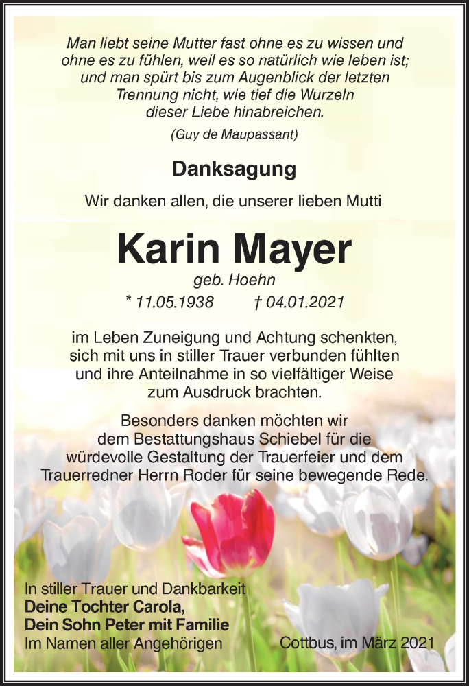 Traueranzeige für Karin Mayer vom 27.03.2021 aus lausitzer_rundschau