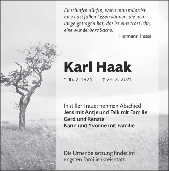 Traueranzeige von Karl Haak von lausitzer_rundschau