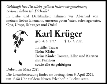 Traueranzeige von Karl Krüger von lausitzer_rundschau