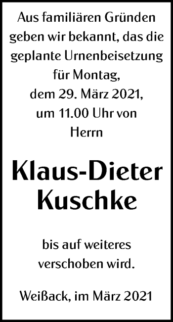Traueranzeige von Klaus-Dieter Kuschke von lausitzer_rundschau
