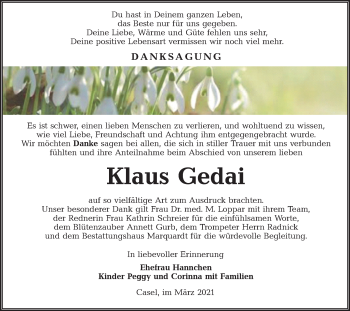 Traueranzeige von Klaus Gedai von lausitzer_rundschau