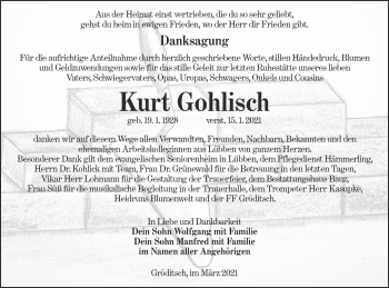 Traueranzeige von Kurt Gohlisch von lausitzer_rundschau
