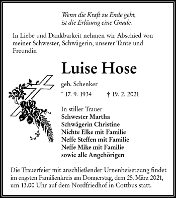 Traueranzeige von Luise Hose von lausitzer_rundschau