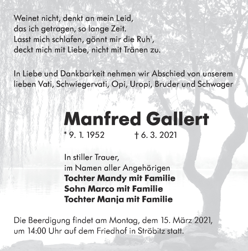  Traueranzeige für Manfred Gallert vom 10.03.2021 aus lausitzer_rundschau