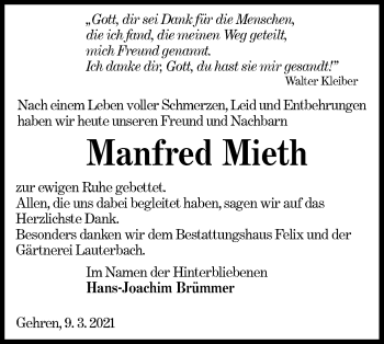 Traueranzeige von Manfred Mieth von lausitzer_rundschau