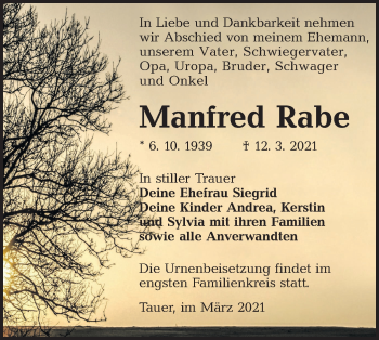 Traueranzeige von Manfred Rabe von lausitzer_rundschau