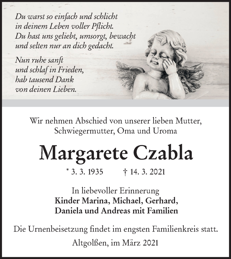  Traueranzeige für Margarete Czabla vom 20.03.2021 aus lausitzer_rundschau