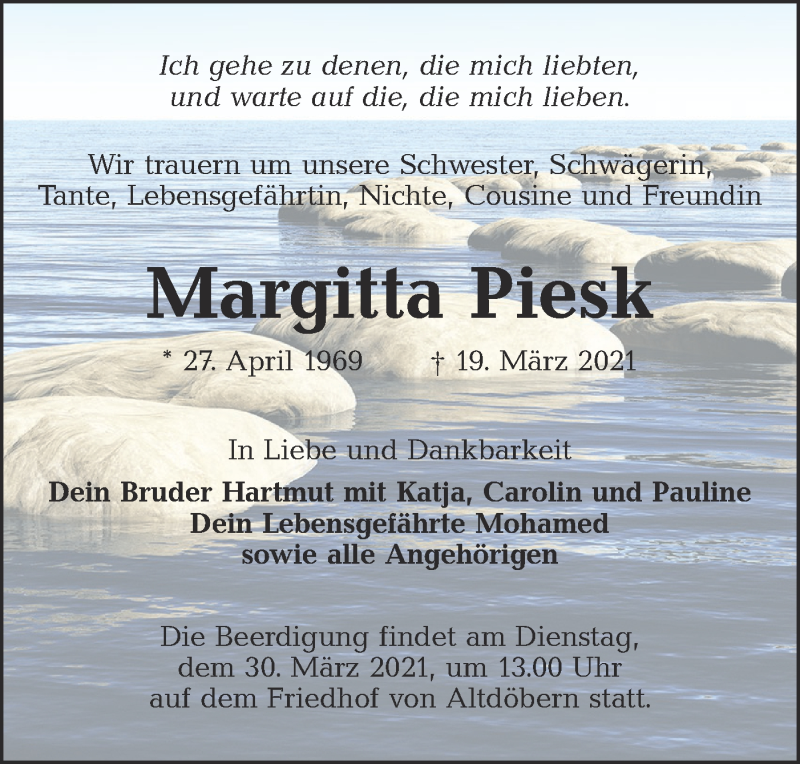  Traueranzeige für Margitta Piesk vom 27.03.2021 aus lausitzer_rundschau