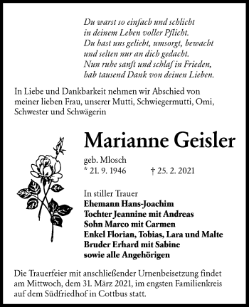 Traueranzeige von Marianne Geisler von lausitzer_rundschau