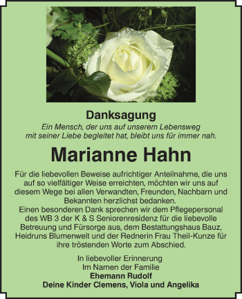 Traueranzeige von Marianne Hahn von lausitzer_rundschau