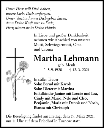 Traueranzeige von Martha Lehmann von lausitzer_rundschau