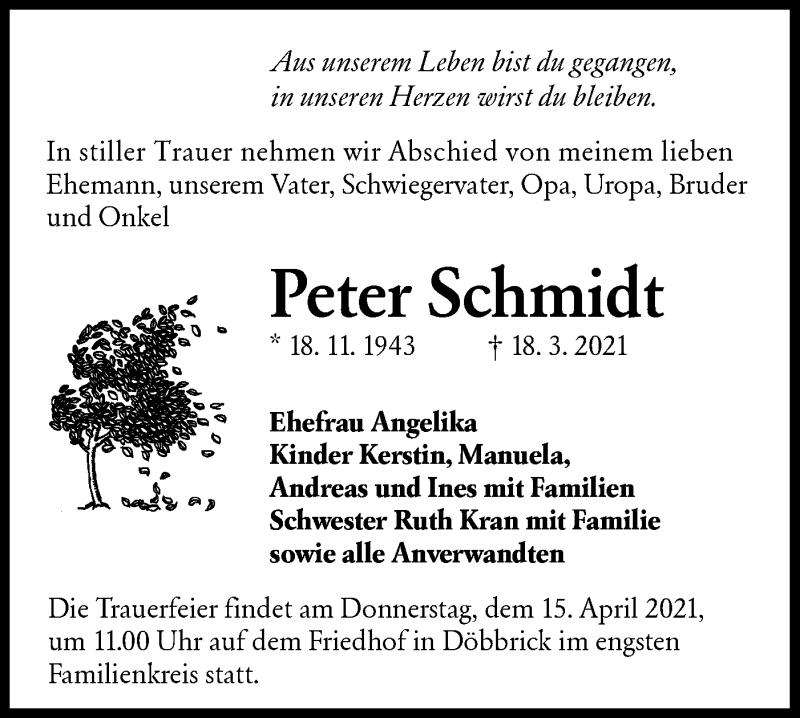  Traueranzeige für Peter Schmidt vom 27.03.2021 aus lausitzer_rundschau