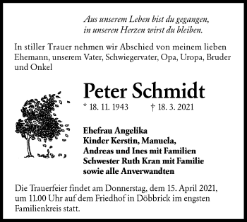 Traueranzeige von Peter Schmidt von lausitzer_rundschau