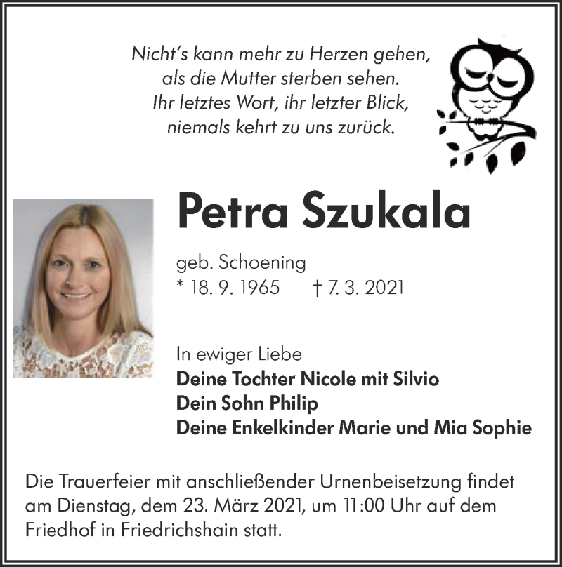  Traueranzeige für Petra Szukala vom 20.03.2021 aus lausitzer_rundschau