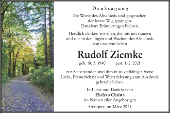 Traueranzeige von Rudolf Ziemke von lausitzer_rundschau
