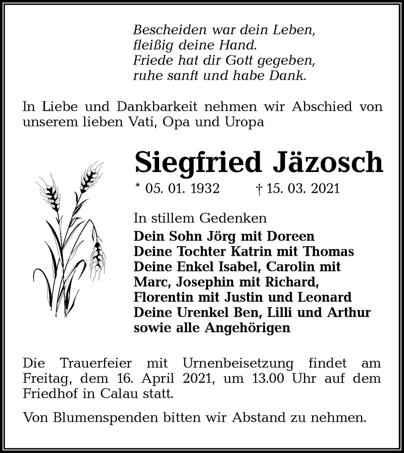  Traueranzeige für Siegfried Jäzosch vom 27.03.2021 aus lausitzer_rundschau