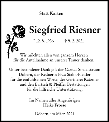 Traueranzeige von Siegfried Riesner von lausitzer_rundschau