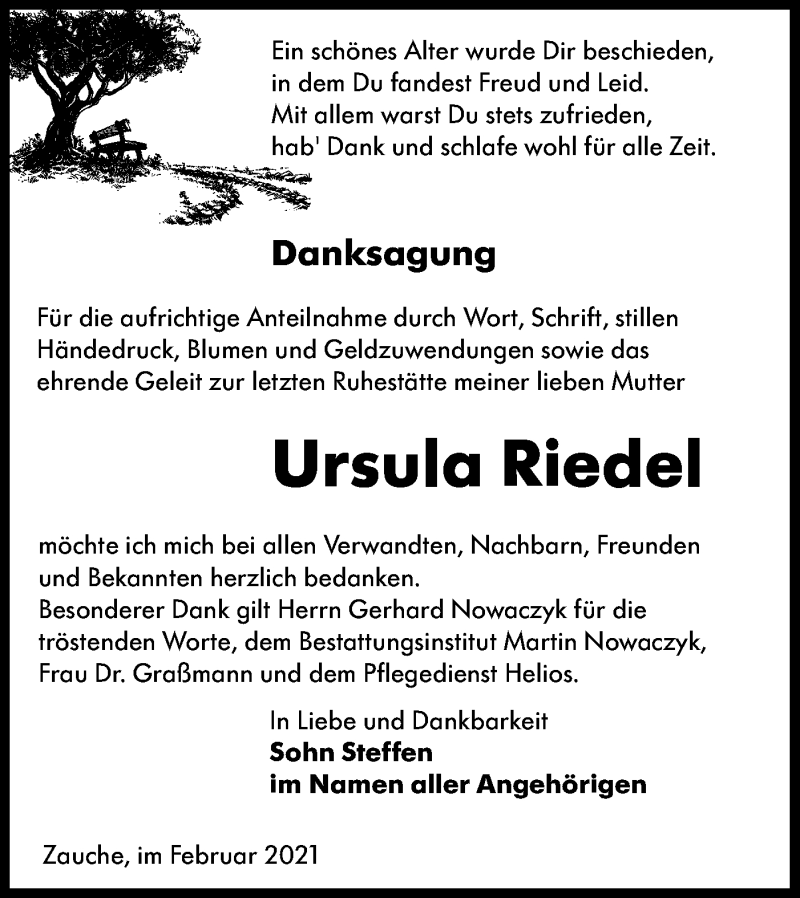  Traueranzeige für Ursula Riedel vom 13.03.2021 aus lausitzer_rundschau