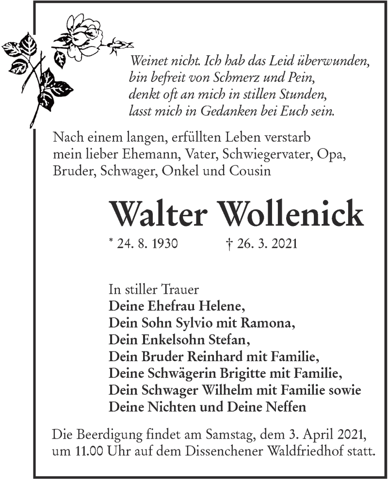  Traueranzeige für Walter Wollenick vom 31.03.2021 aus lausitzer_rundschau