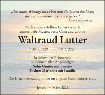 Traueranzeige von Waltraud Lutter von lausitzer_rundschau