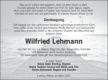 Traueranzeige von Wilfried Lehmann von lausitzer_rundschau