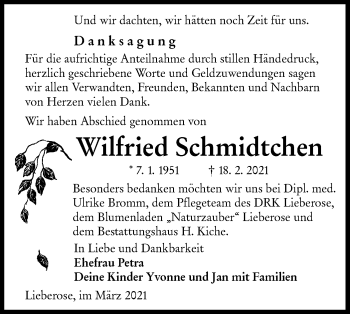 Traueranzeige von Wilfried Schmidtchen von lausitzer_rundschau