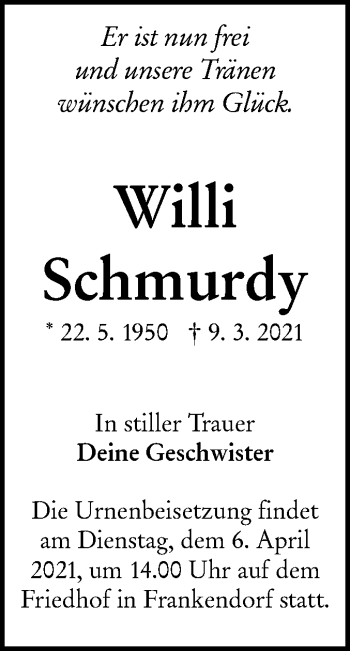Traueranzeige von Willi Schmurdy von lausitzer_rundschau