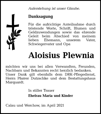 Traueranzeige von Aloisius Plewnia von lausitzer_rundschau