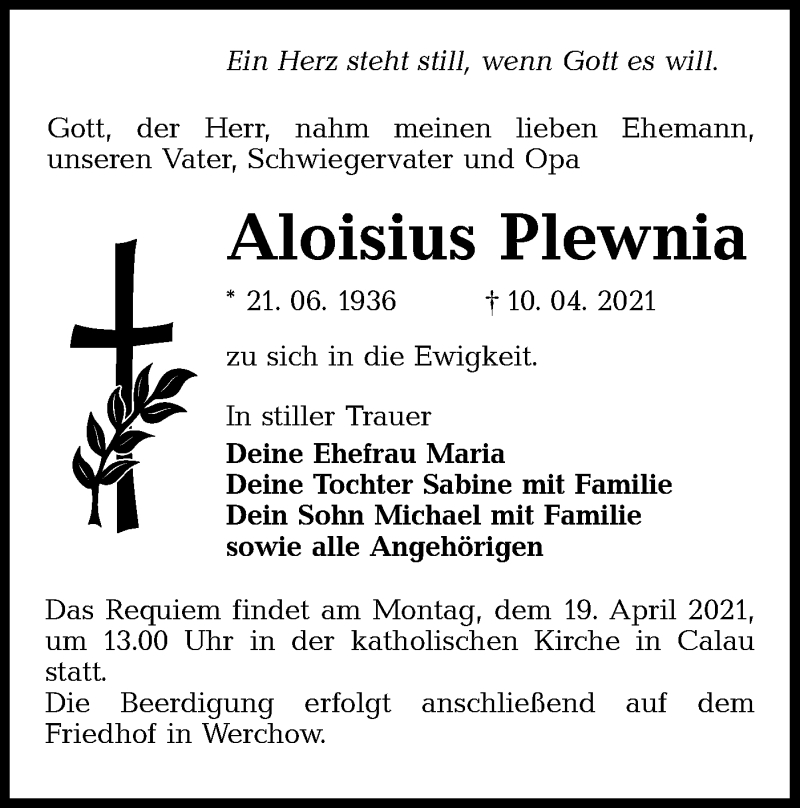  Traueranzeige für Aloisius Plewnia vom 17.04.2021 aus lausitzer_rundschau