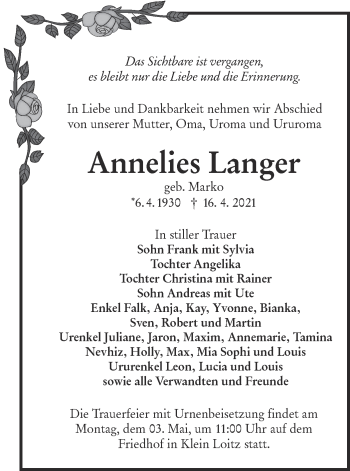 Traueranzeige von Annelies Langer von lausitzer_rundschau