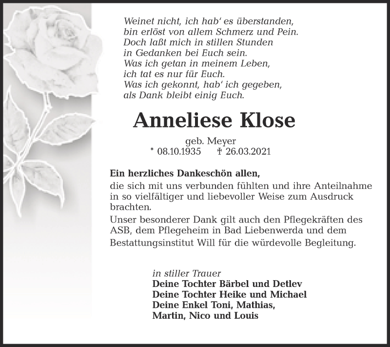  Traueranzeige für Anneliese Klose vom 30.04.2021 aus lausitzer_rundschau
