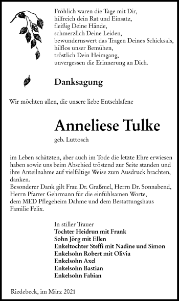 Traueranzeige von Anneliese Tulke von lausitzer_rundschau