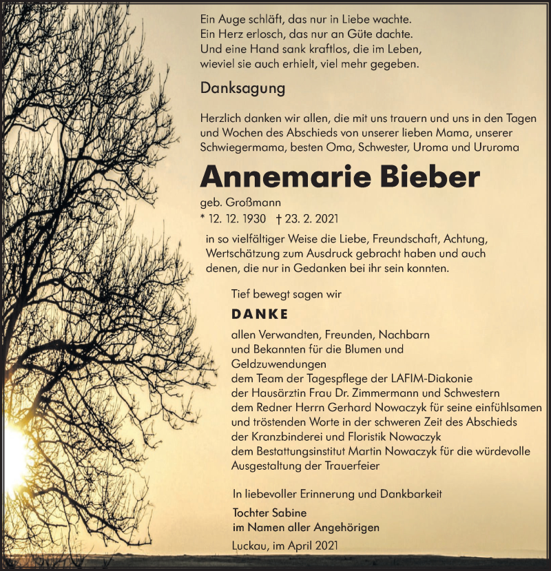  Traueranzeige für Annemarie Bieber vom 24.04.2021 aus lausitzer_rundschau