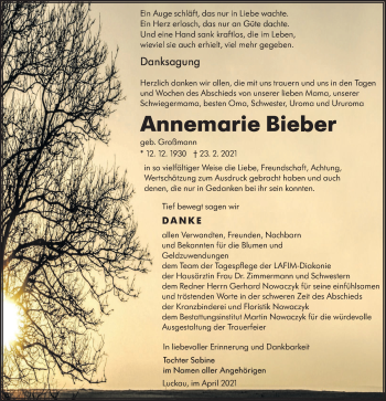 Traueranzeige von Annemarie Bieber von lausitzer_rundschau