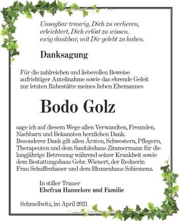 Traueranzeige von Bodo Golz von lausitzer_rundschau