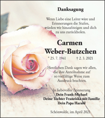 Traueranzeige von Carmen Weber-Butzchen von lausitzer_rundschau