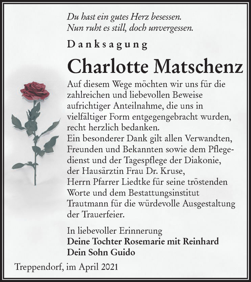  Traueranzeige für Charlotte Matschenz vom 17.04.2021 aus lausitzer_rundschau